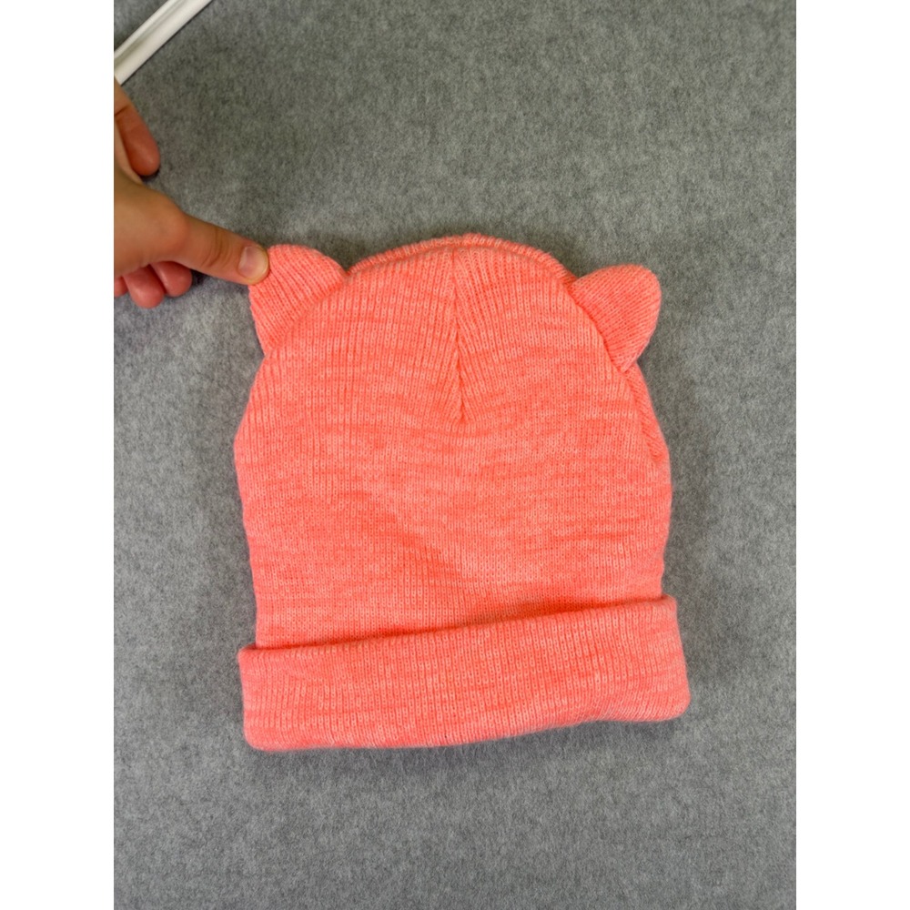 Target Kids Neon Coral Pink Cat Ear Knit Beanie Hat One Size Stain 0869